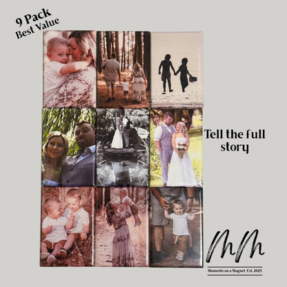 custom photo magnet pack on fridge display